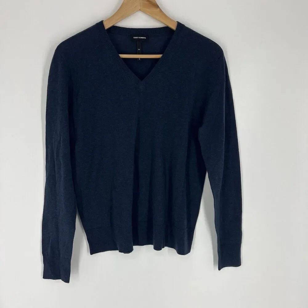Cozy Earth Sweater Size XS Womens Navy Wool Long Sleeve V Neck Pullover Knit